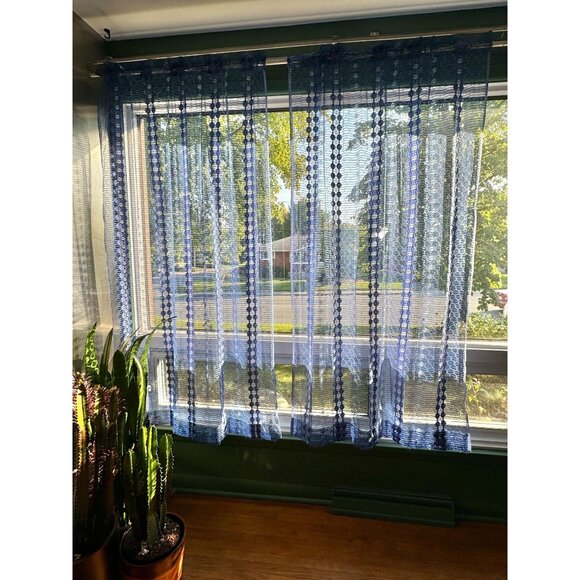 Vintage 70s curtains, groovy navy blue stripes, net woven panels, as a pair - Picture 1 of 10